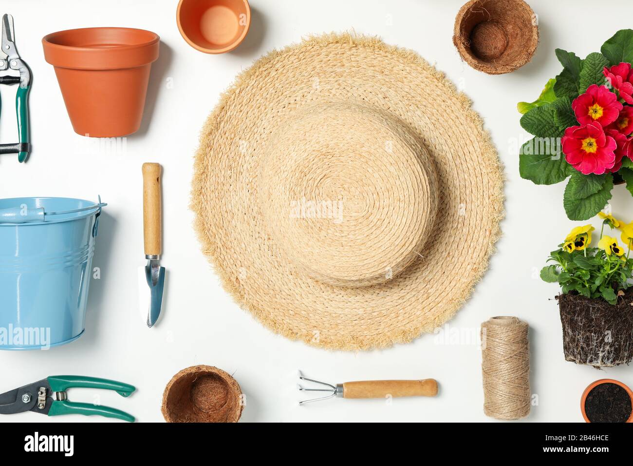 Composition With Gardening Tools And Accessories On White Background Top View Stock Photo Alamy