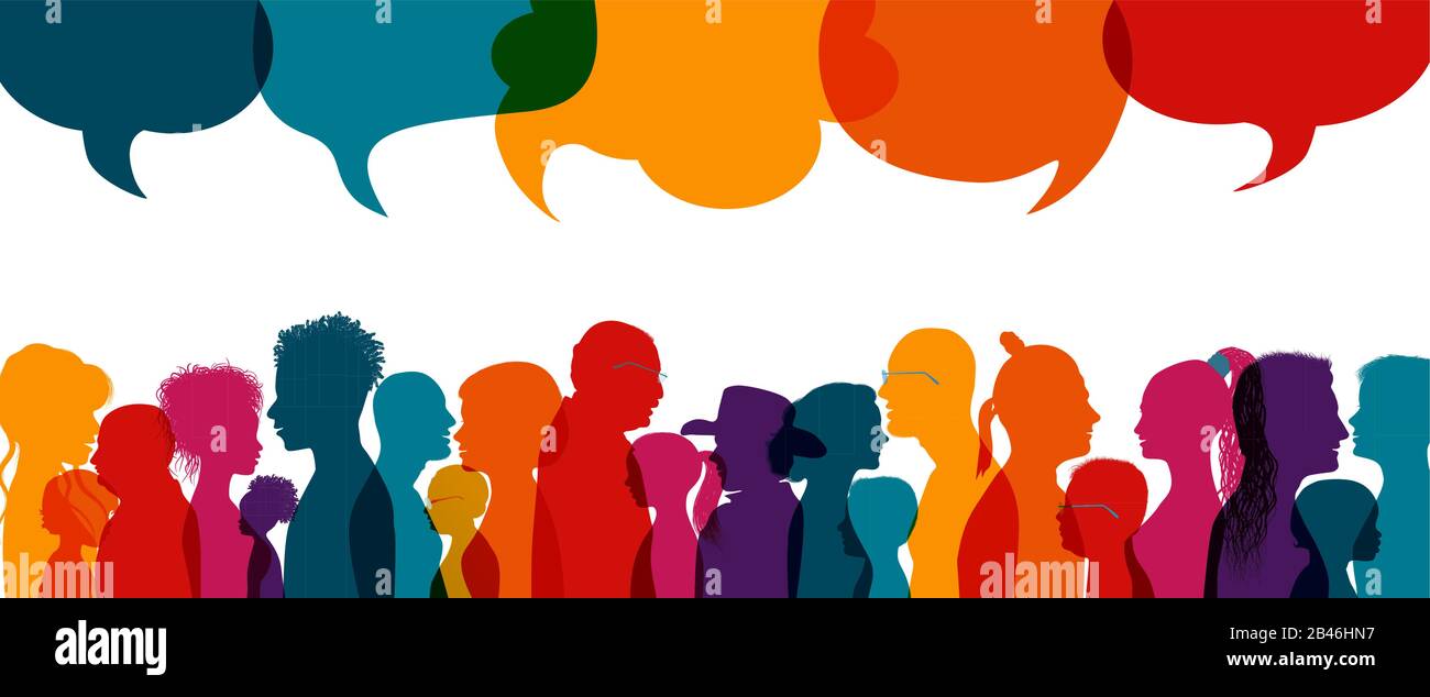 Dialogue group of diverse people.Group of families.Communication multiethnic people. Crowd talking.Sharing information and ideas.Silhouette.Speak Stock Vector