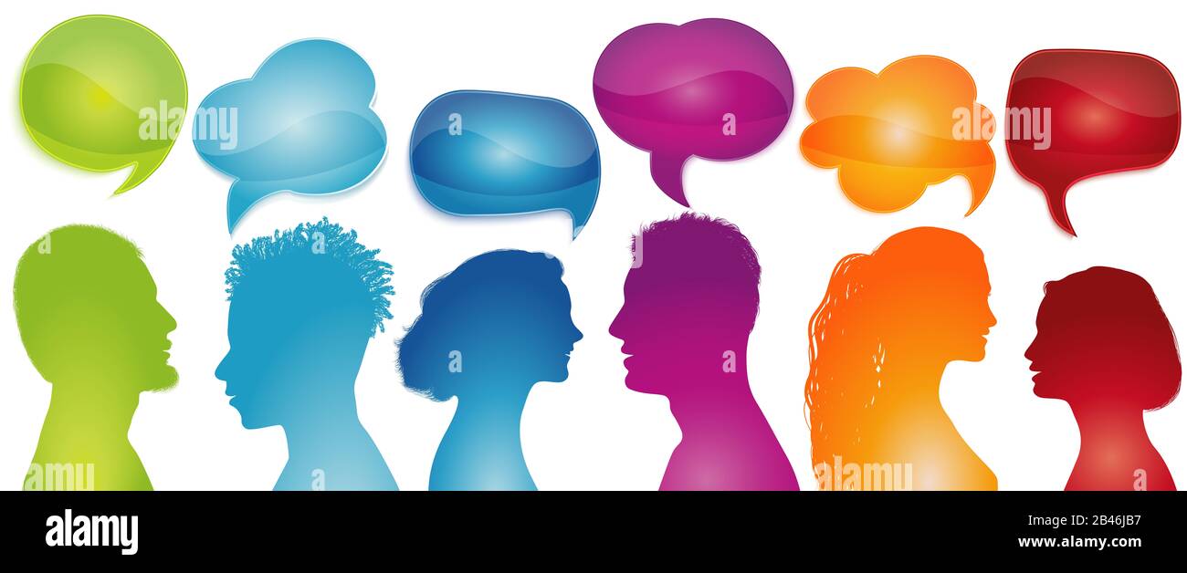 Group of diverse people silhouette profile talking. Speech bubble. Social network. Talk in the community. Concept communication. Inform. Friendship Stock Photo