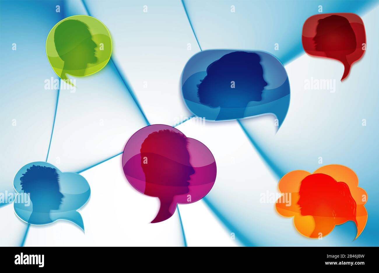 Network information. Talk in social networks or community. Speech bubble. Communicate group of diverse people. Communication silhouette profile. Talk Stock Photo