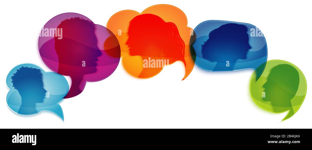 Talk in social networks or community. Speech bubble. Communicate group of diverse people. Network information. Communication silhouette profile. Talk Stock Photo