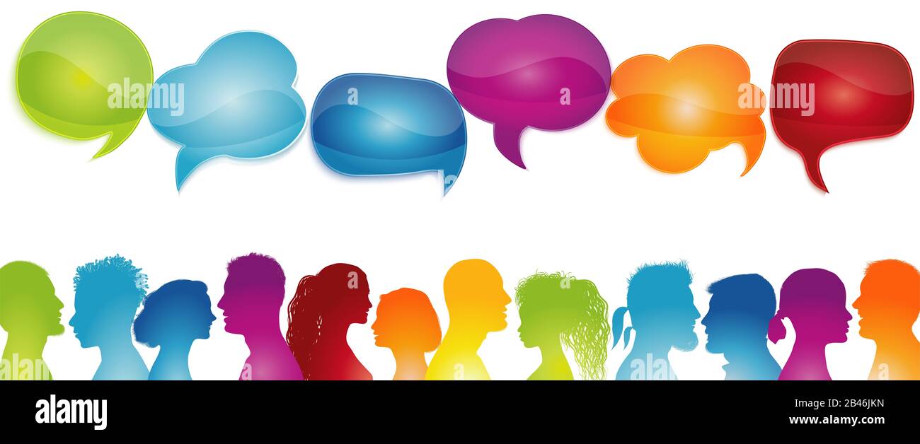 Dialogue group different people. Speech bubble. Crowd talking. Communication between people. Silhouette profiles. Rainbow colors. Communicate. Social Stock Photo