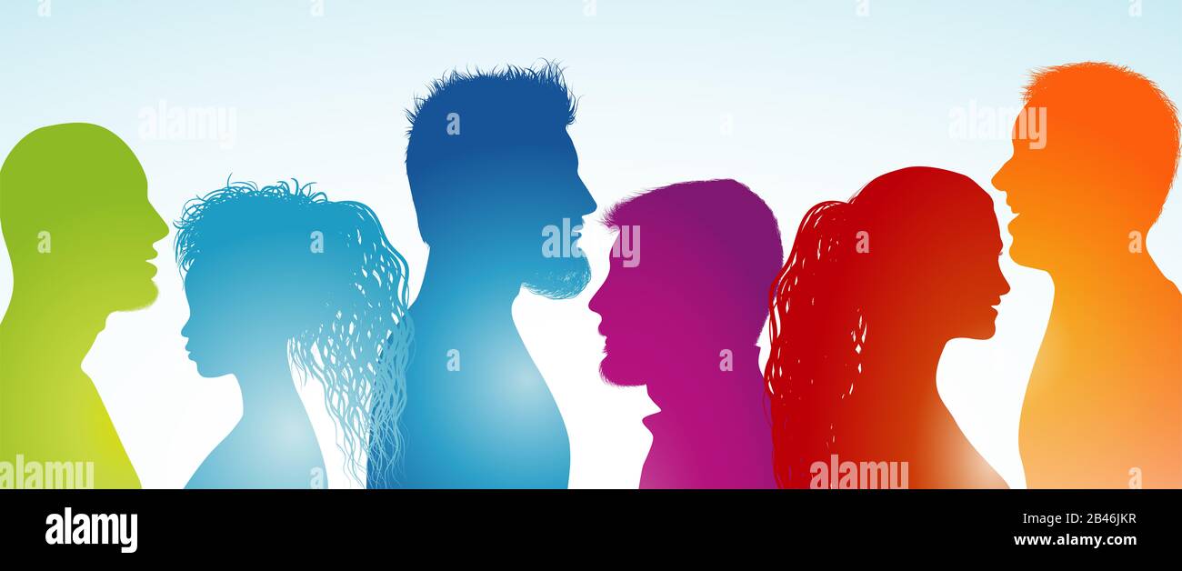 Group of different people talking. Speech among people. Communicate. To talk. Silhouette heads in profile. Teamwork. Discussion between men and women. Stock Photo