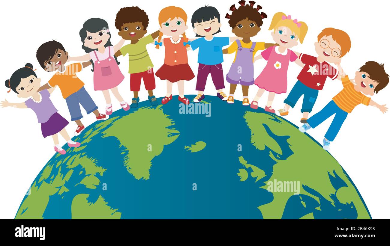 Earth globe with group of multiethnic and diverse children standing together and embracing each other. Diversity and culture. Unity and friendship. Stock Vector