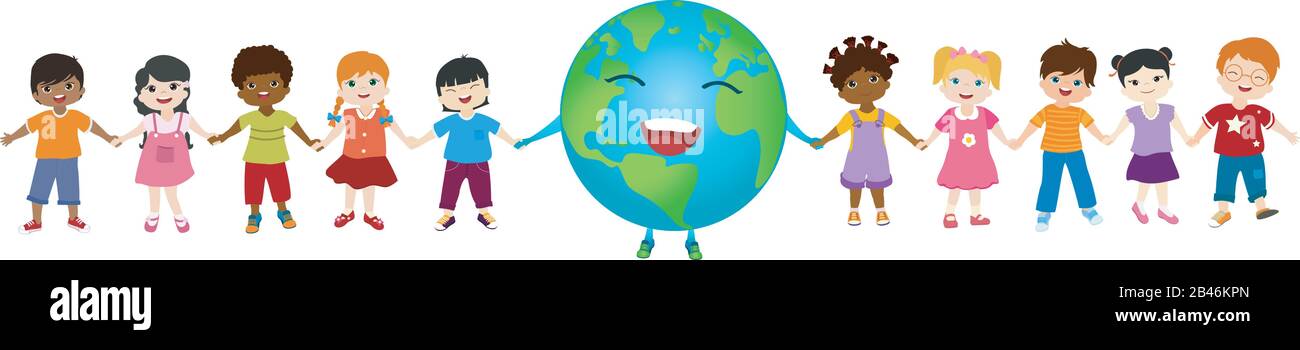 Isolated group of diverse and multiethnic culture children and globe holding hands together for an eco planet and clean environment. Ecological and su Stock Vector