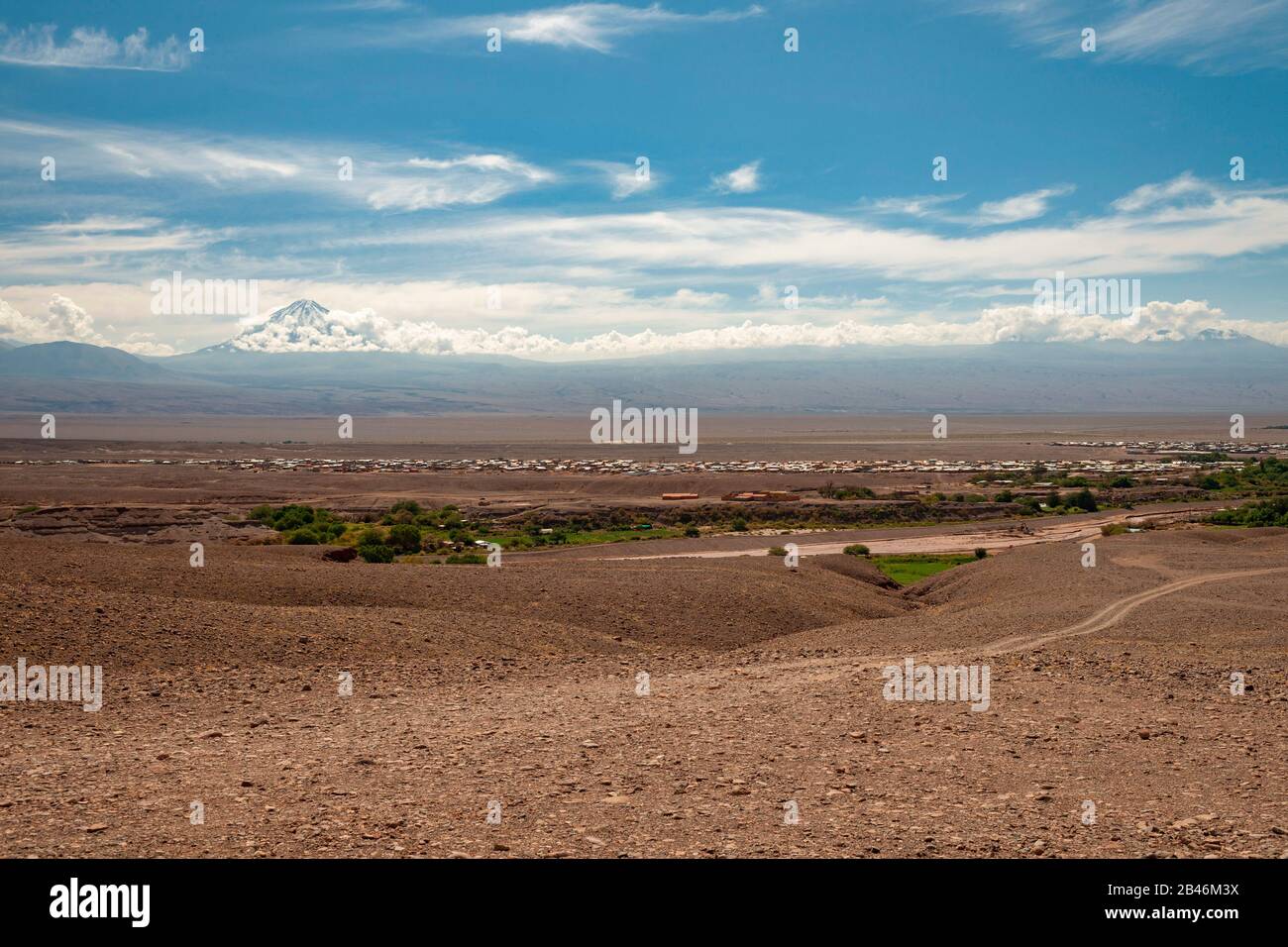The town of San Pedro de Atacama and the Licancabur volcano in northern Chile. Stock Photo