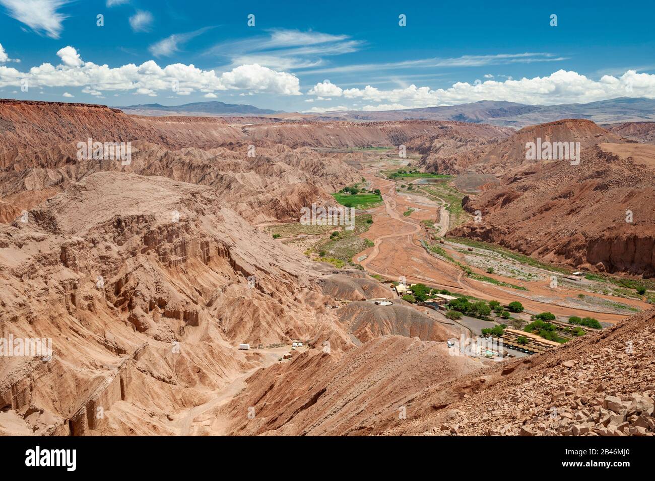 Atacama desert landscape seen from the Pukará de Quitor archaeological site near San Pedro de Atacama in northern Chile. Stock Photo