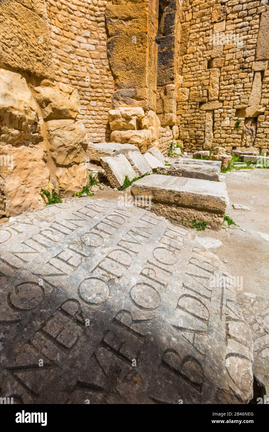 Inscriptions. Roman city ruins Stock Photo - Alamy