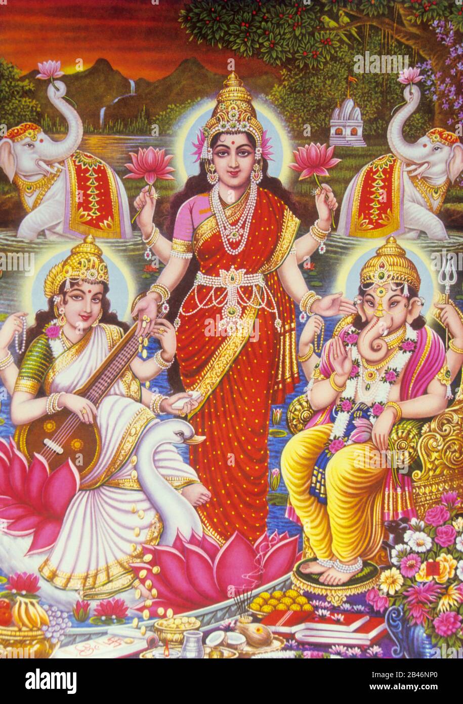 Lakshmi Ganesh Saraswati painting India Asia Stock Photo - Alamy