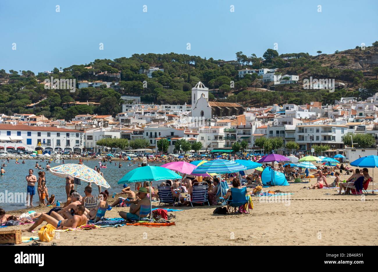 People relaxing at the beach.Port de la Selva.Costa Brava.Gerona.Catalonia.Spain Stock Photo