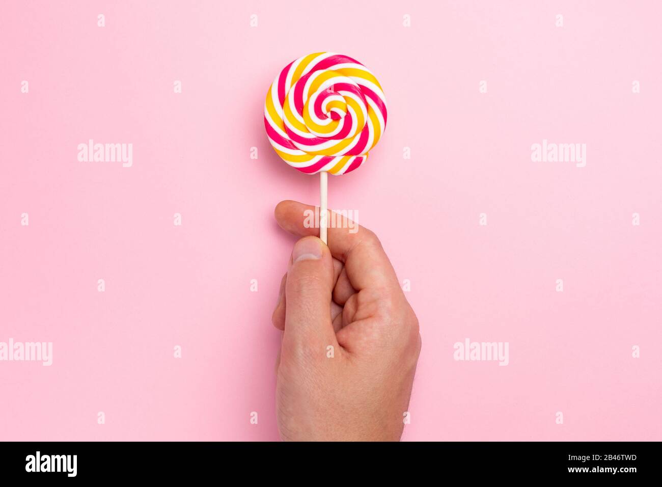 Colorful lolipop in hand , pink, yellow and white spiral on pink ...