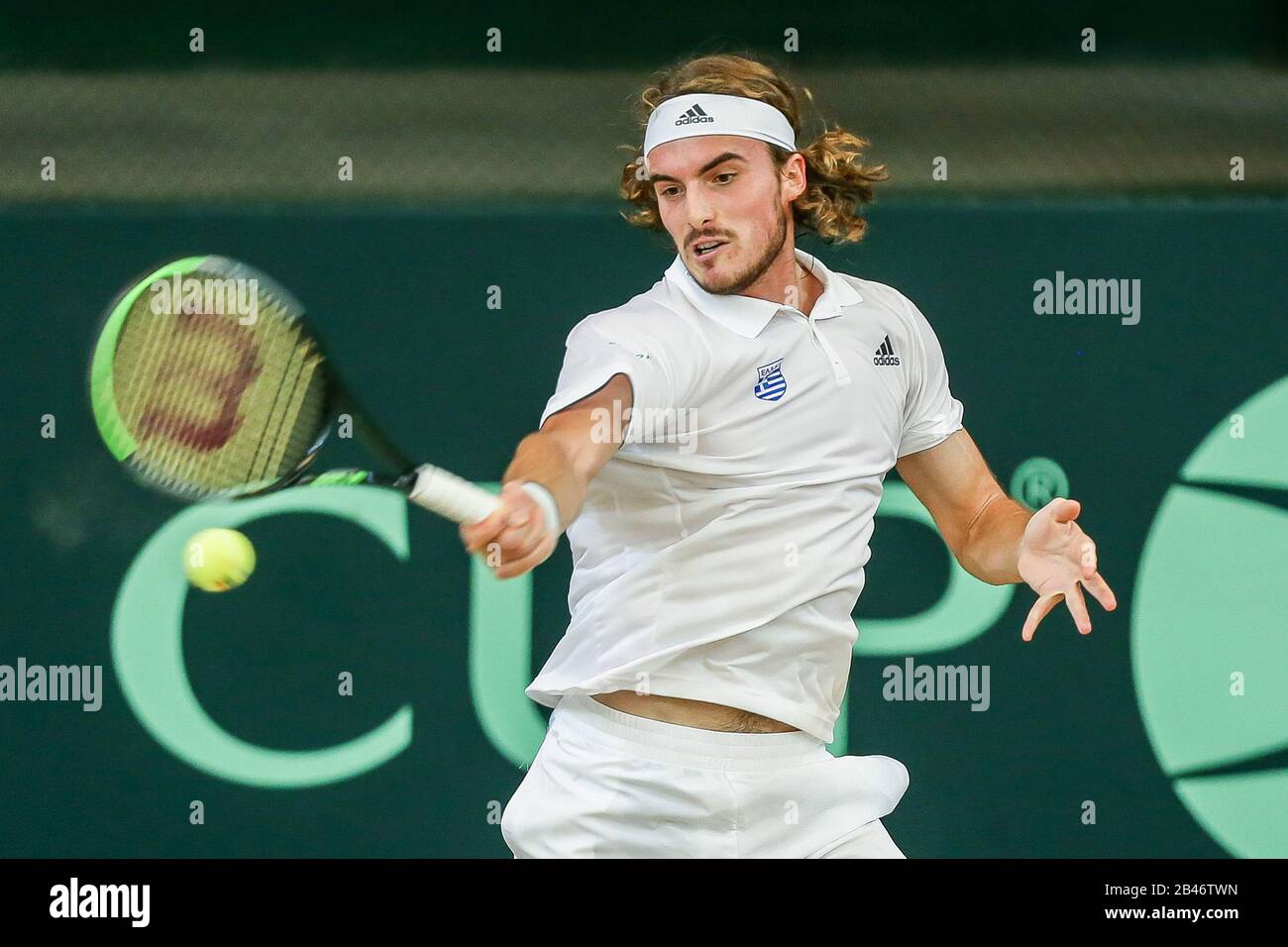 Manila. 6th Mar, 2020. Stefanos Tsitsipas of Greece returns the ball during the singles match against Alberto Lim of the Philippines at Davis Cup World Group II play-off round between the Philippines and Greece in Manila, the Philippines on March 6, 2020. Credit: Rouelle Umali/Xinhua/Alamy Live News Stock Photo
