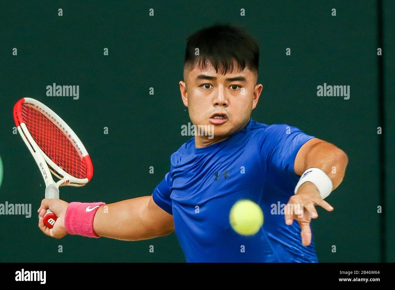 Manila. 6th Mar, 2020. Alberto Lim of the Philippines returns the ball during the singles match against Stefanos Tsitsipas of Greece at Davis Cup World Group II play-off round between the Philippines and Greece in Manila, the Philippines on March 6, 2020. Credit: Rouelle Umali/Xinhua/Alamy Live News Stock Photo