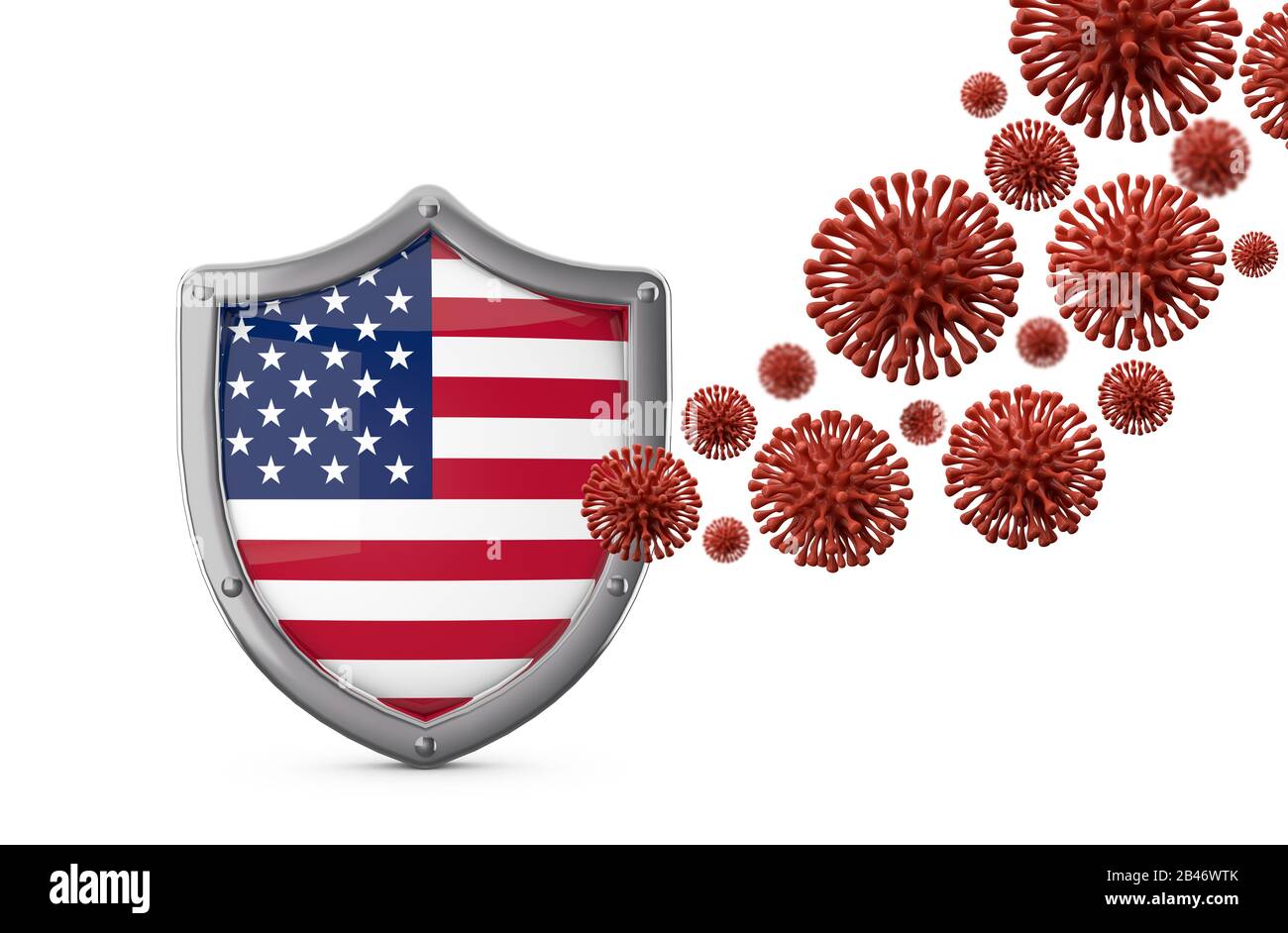USA flag shield protection against a virus bacteria. 3D Render Stock Photo