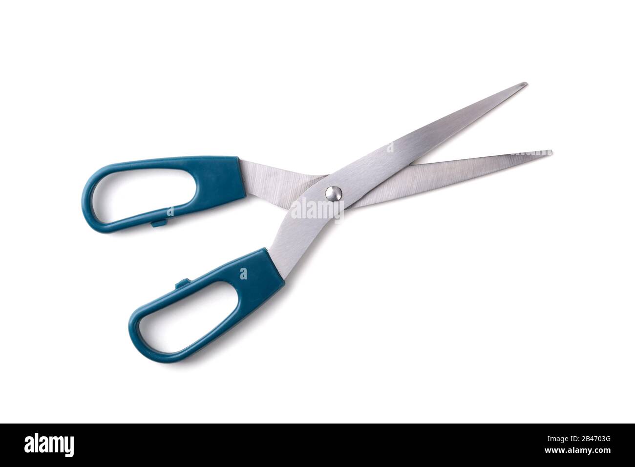 Scissors with green handle isolated on white Stock Photo