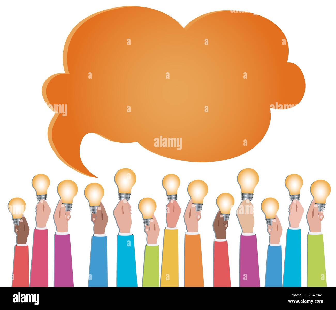 Multiethnic people who communicate online via web. Sharing ideas. Hands with light bulbs. Communication and discussion community social network.Tald Stock Vector
