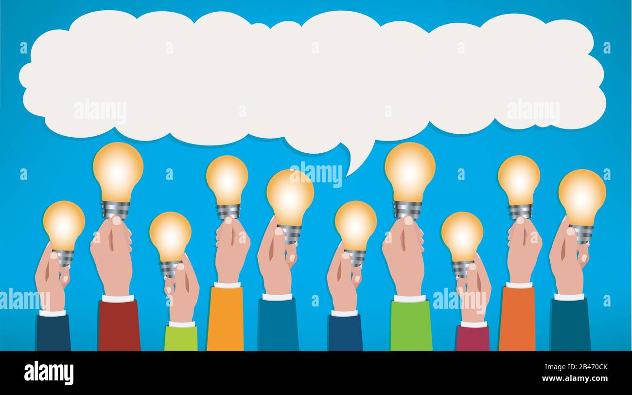 Sharing ideas.Hands with light bulbs. Communication and discussion community social network.People who communicate online via web.Connection.Share Stock Vector