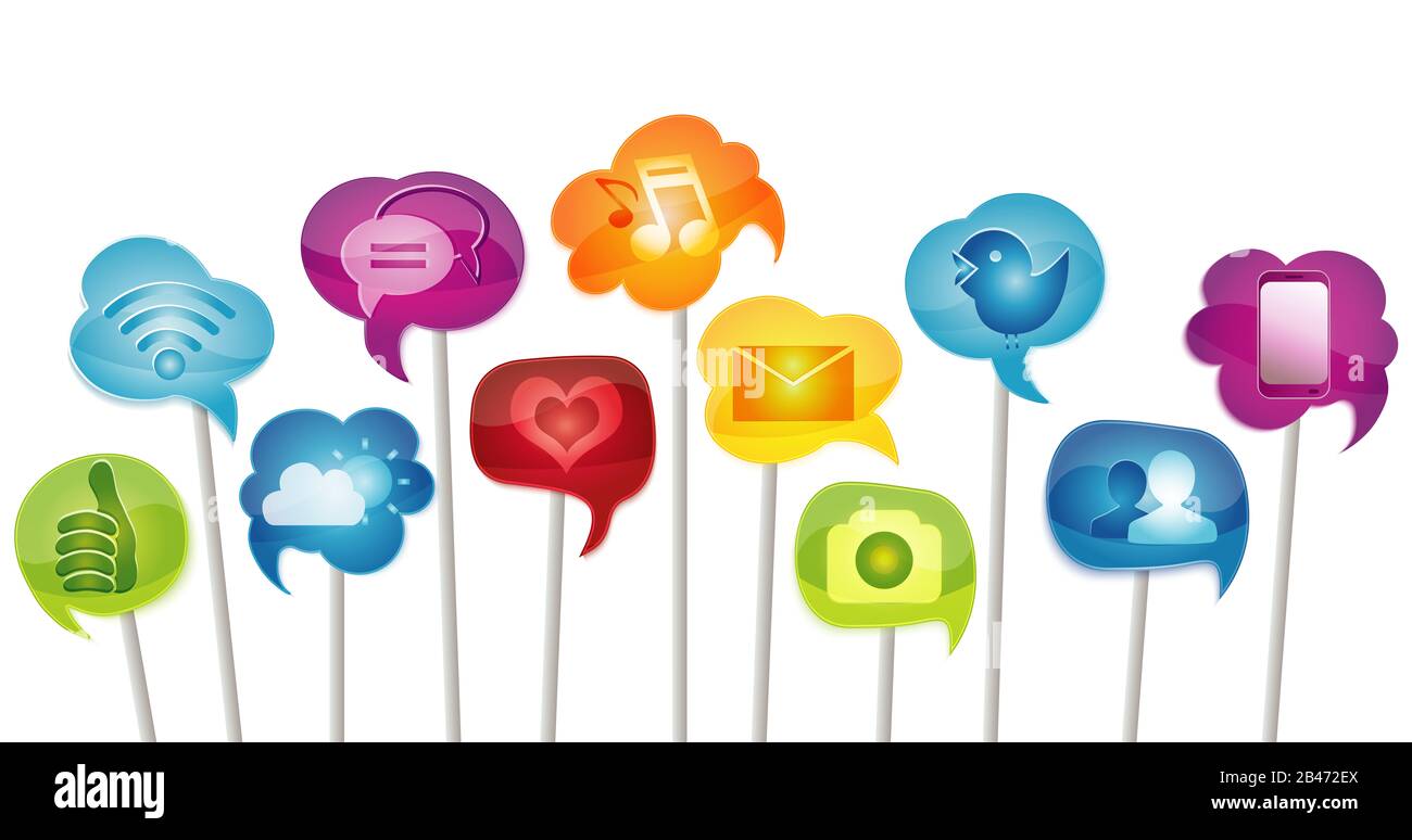 Concept social media isolated application icons Community. Global networking.Share information. App Symbols Digital interface.Multimedia Speech bubble Stock Photo