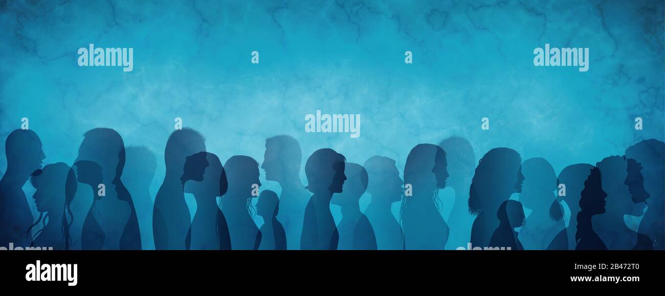 Silhouette profile of multicultural and multiethnic people thinking. Confusion - questions - answers - idea. Mind strategy concept. Mindfulness. Heads Stock Photo