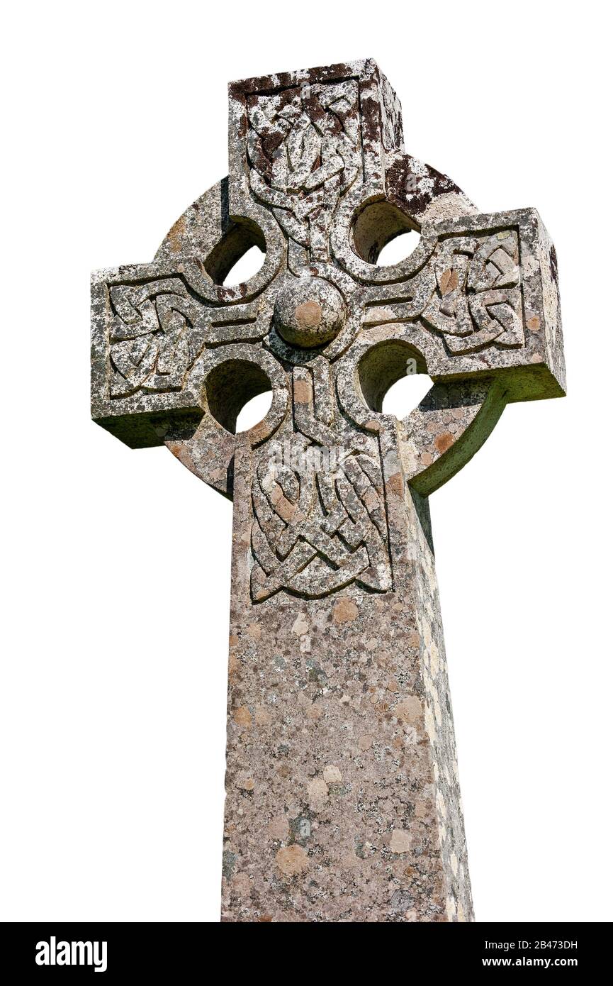 Celtic cross at Cill Chriosd / Kilchrist Church graveyard, former parish church of Strathaird against white background, Isle of Skye, Highlands, UK Stock Photo