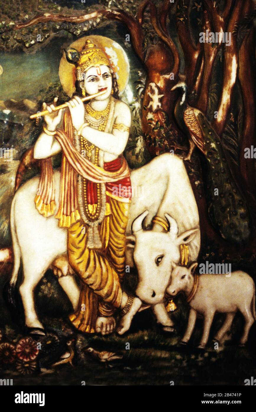 Painting Gopal Krishna, Geeta Temple, Ahmedabad, Gujarat, India, Asia Stock Photo