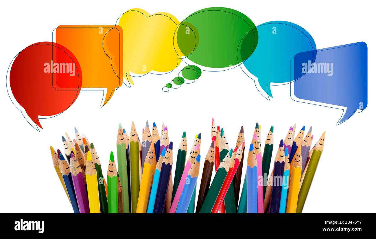 Social network communication. Colored pencils funny faces of people smiling.  Talking. Group of people talking. Dialogue group of people. Crowd Stock  Photo - Alamy