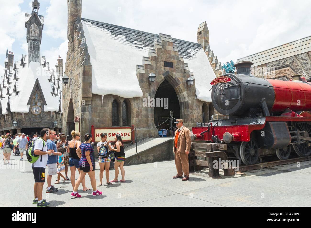 Hogwarts Express, train from Platform 9 3⁄4 at King's Cross station in London to Hogsmeade Station, near Hogwarts. July 2019. Stock Photo
