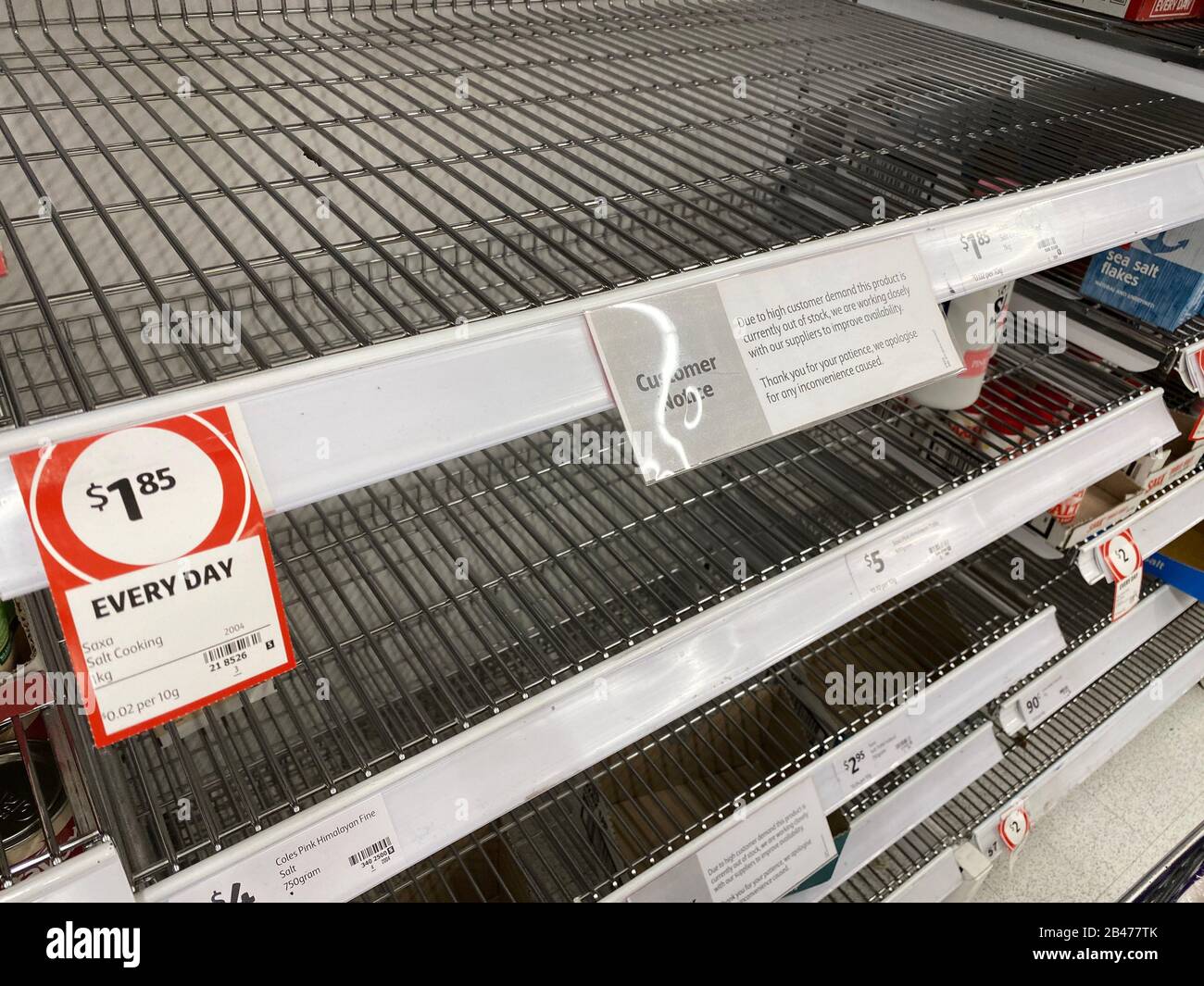 Narre Warren, Victoria Australia - March 6th 2020 -Empty salt shelves in a supermarket caused by panic buying during the conrona covid pandemic. Credit: Sarah Richardson/Alamy Live News Stock Photo