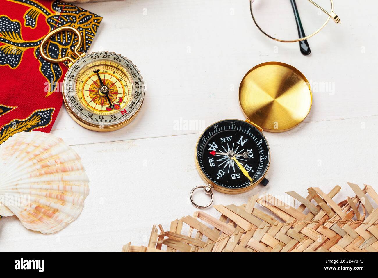beautiful sea composition with shells and vintage compass Stock Photo ...