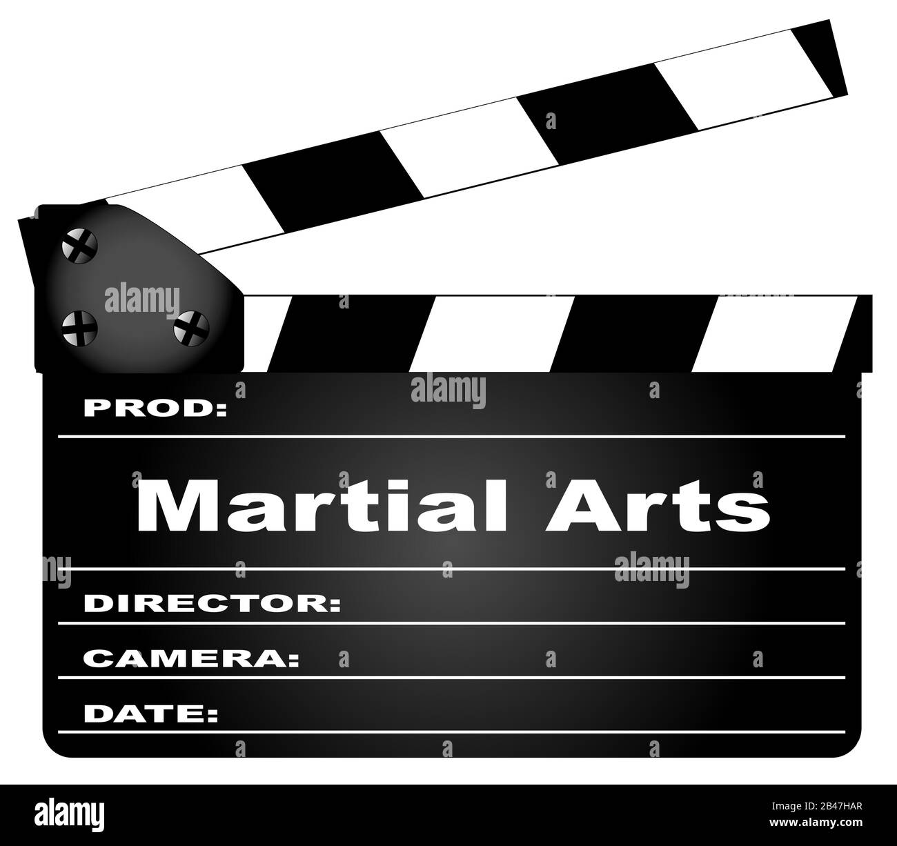 A typical movie clapperboard with the legend Martial Arts isolated on white. Stock Vector