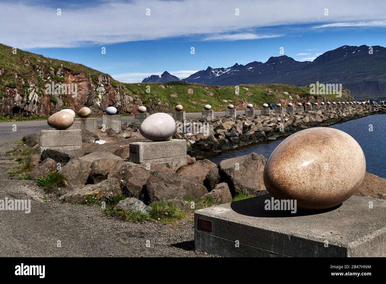 Iceland Djupivogur city, the artwork 'Eggin í Gledivík' by Sigurdur Gudmundsson was revealed on the 14th August 2009. It consists of 34 eggs each one representing a local bird. The artist is an internationally recognised visual artist who has received a number of international awards and honors. Stock Photo