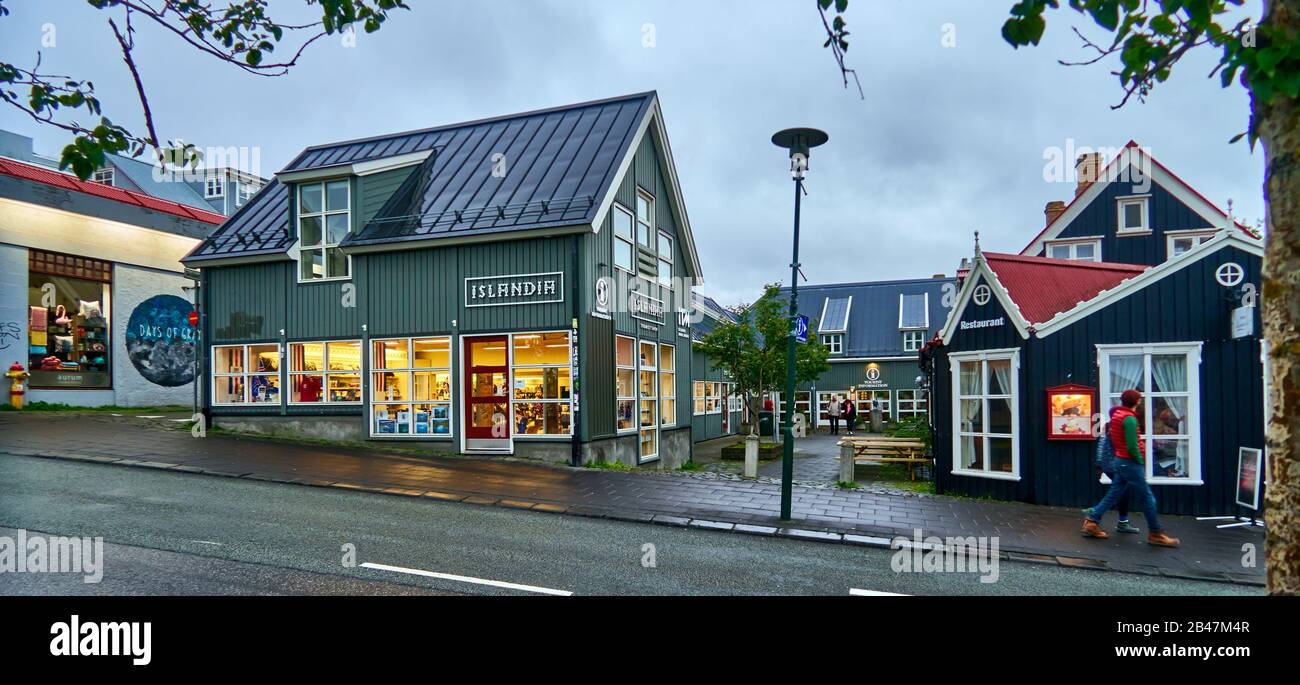 Europe ,Iceland , , Wooden houses in Reykjavik old town, Skolavoroustigur street, Downtown Stock Photo