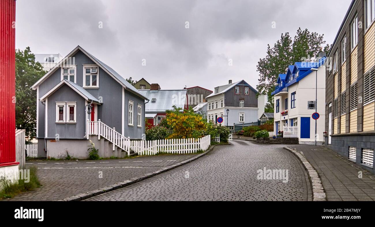 Grjótaborp, one of the oldest extant quarters of wooden buildings in Reykjavik, is characterised by narrow streets with detached houses in small, well-ented gardens, Sunny, Tranquility Stock Photo