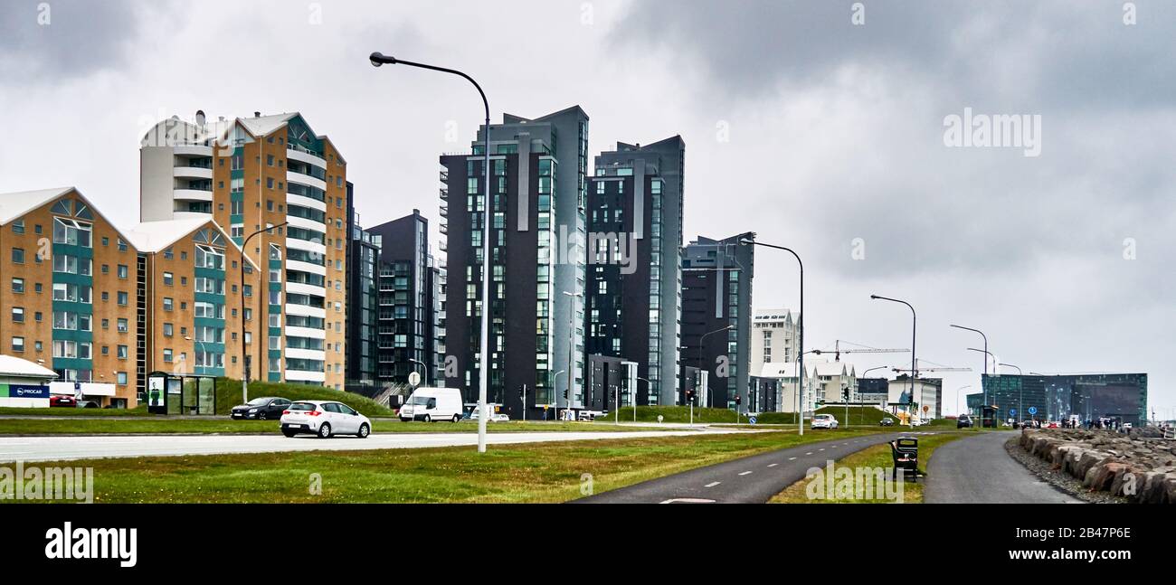 Europe ,Iceland , Reykjavik,Skulagata street, in the the modern cartier the Skyscraper Stock Photo