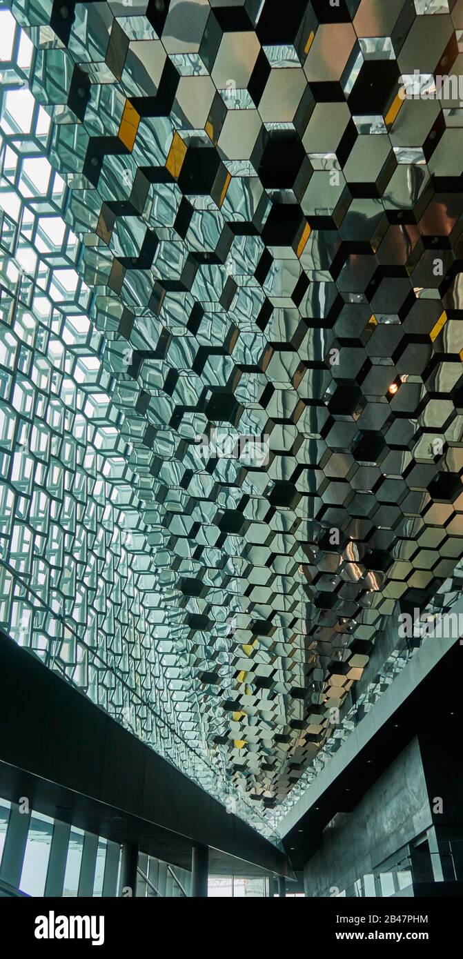 Europe ,Iceland, Reykjavik, glass ceiling in the Harpa Concert Hall, Architect: Henning Larsen Architects and Ólafur Stock Photo