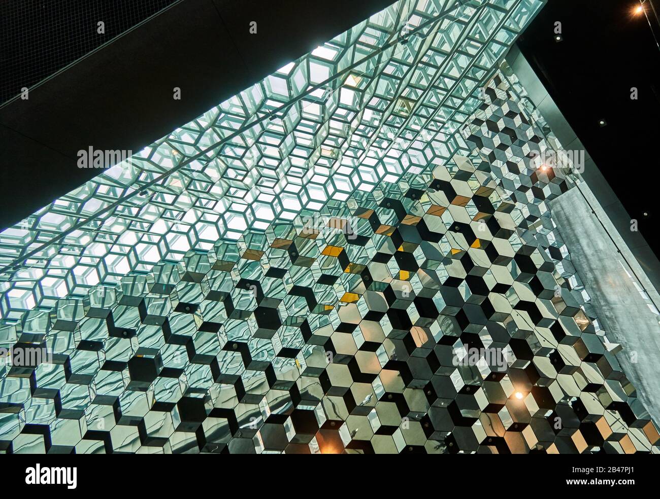 Europe ,Iceland, Reykjavik, glass and wall ceiling in the Harpa Concert Hall, Architect: Henning Larsen Architects and Ólafur Stock Photo