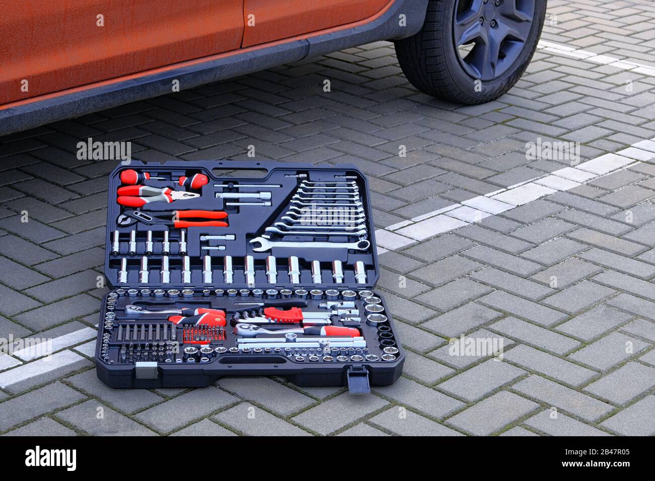 Different tools for repairing and diagnostic a car. Tool set in box