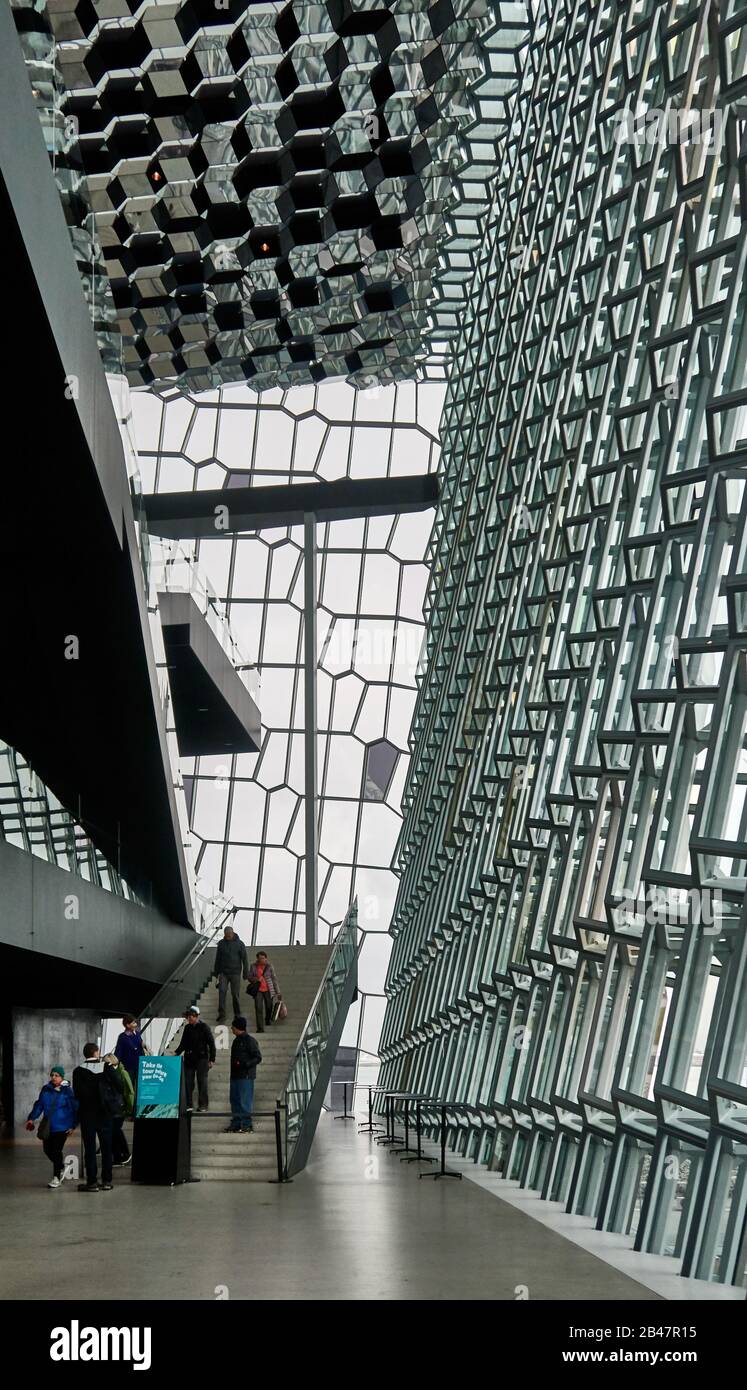 Europe ,Iceland, Reykjavik, glass and wall ceiling in the Harpa Concert Hall, Architect: Henning Larsen Architects and Ólafur Stock Photo