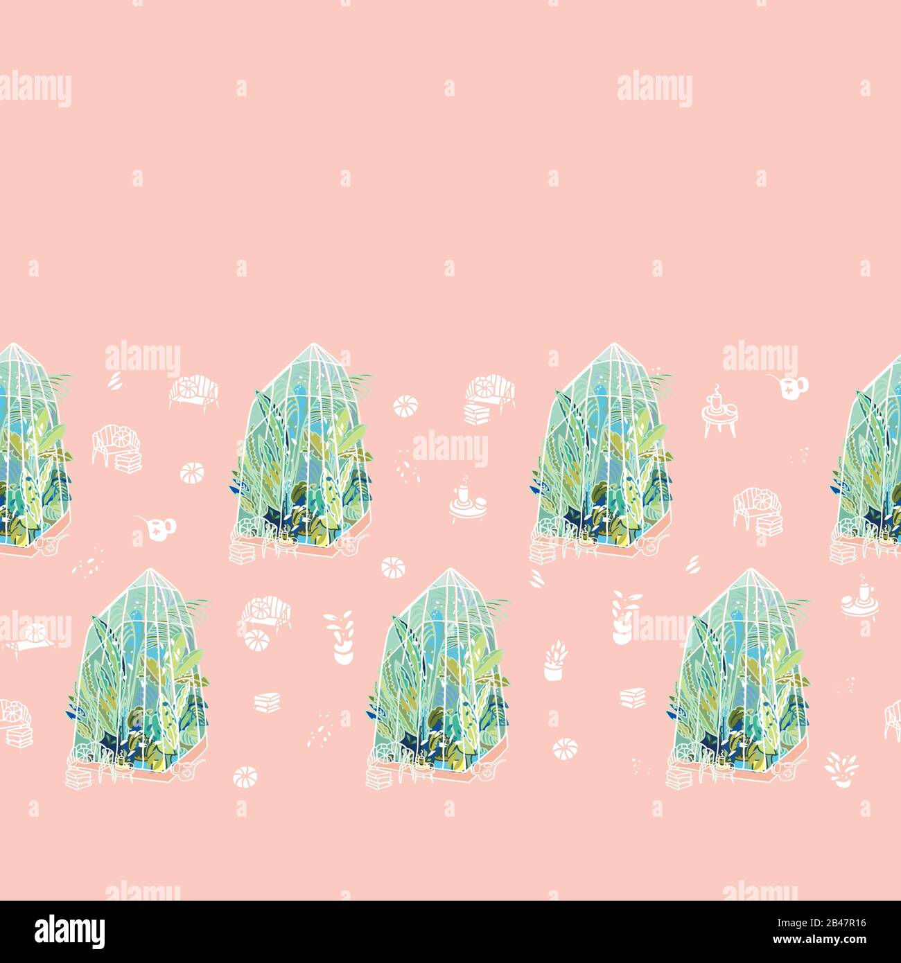 Vector hygge lifestyle exotic greenhouse halfdrop boder with plants, glasshouse, garden utensil on pink background. Happy cozy tropical plant design. Perfect for garden and plant lovers. Stock Vector