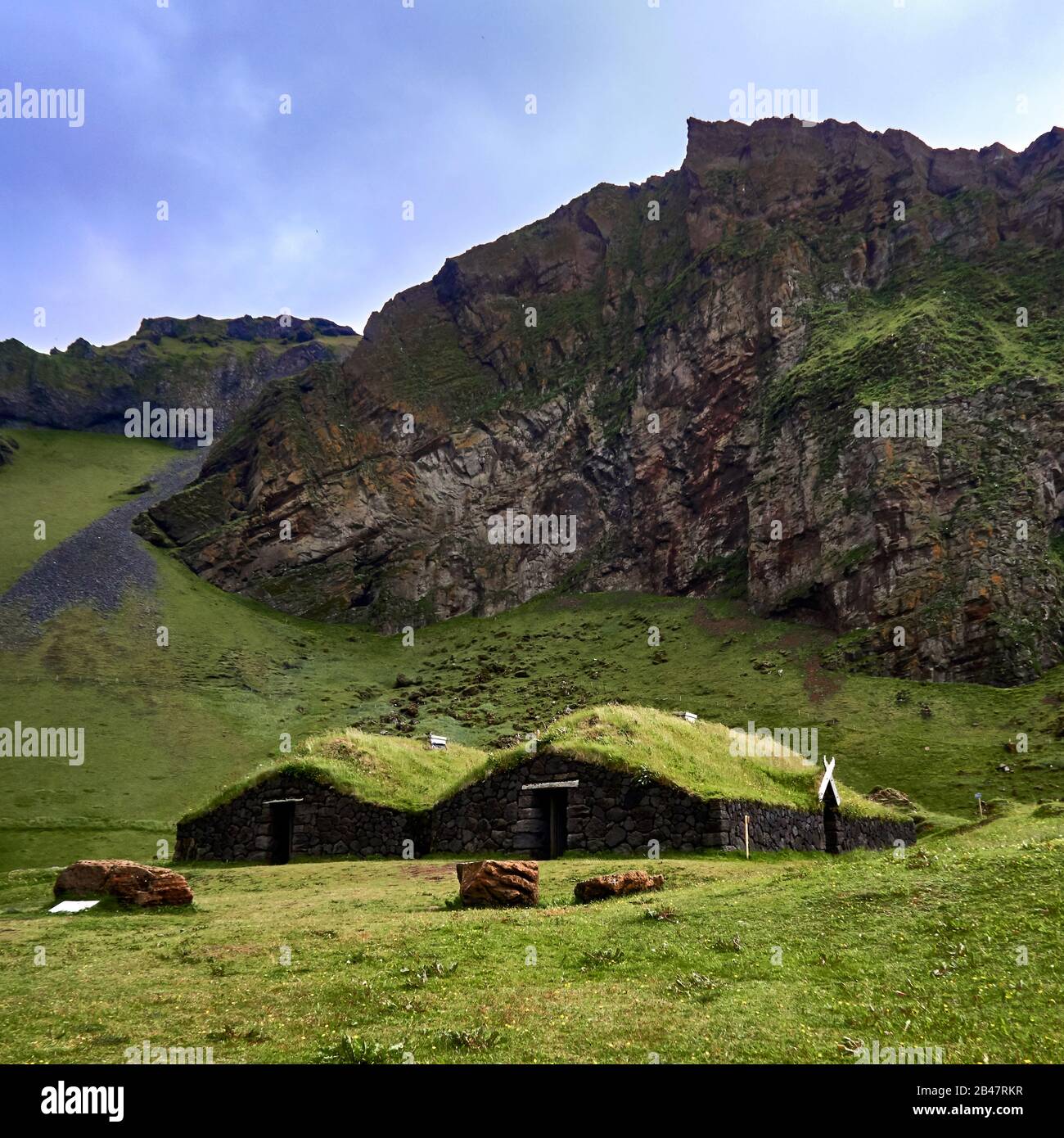 Europe, Iceland, in the Vestmann Archipelago, Heimaey island, in Herjolfsdalur in Herjolfsdalur a farm from the beginning of the 9th century, historic turf roofed house, UNESCO World Heritage Site Stock Photo