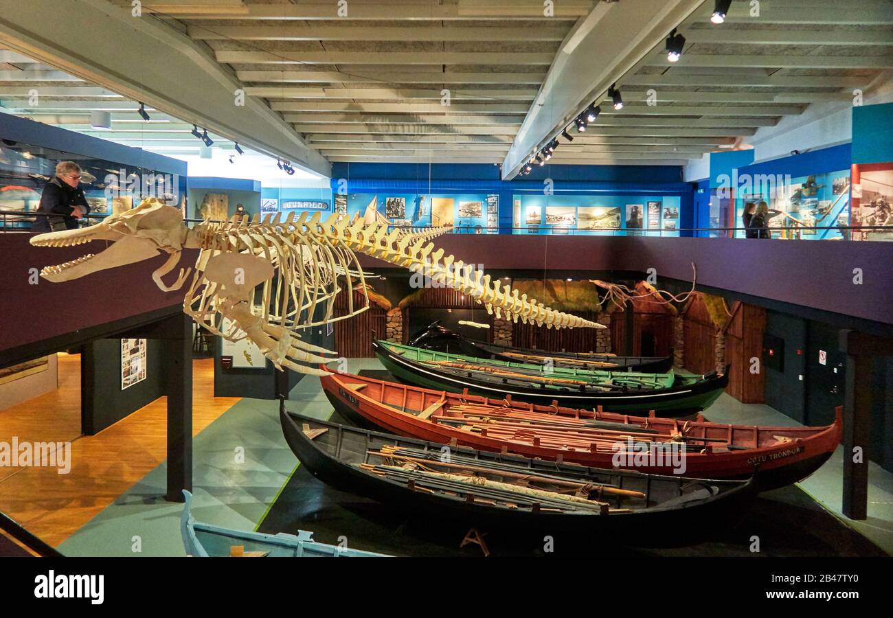 Denmark, Tinganes peninsula , Torshavn, The National Museum of the Faroe Islands has exhibitions in the museum building on Brekkutún 6 in Tórshavn. The galleries tell the natural and cultural history of the Faroe Islands. This goes back to the origin of the landmass dating back 65 mya, through the pre-settlement era and the culture etc. from the Viking Ages and the Middle Ages. Stock Photo