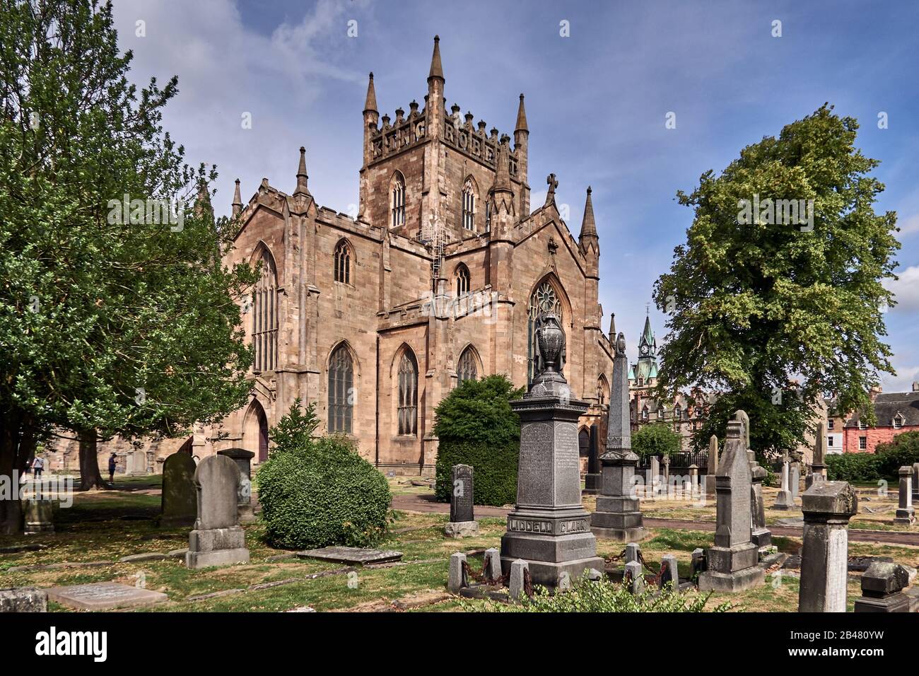 Dunfermline Abbey is a Church of Scotland Parish Church, The church occupies the site of the ancient chancel and transepts of a large medieval Benedictine abbey, which was sacked in 1560 during the Scottish Reformation , Dunfermline is home to the largest number of royal burials Stock Photo