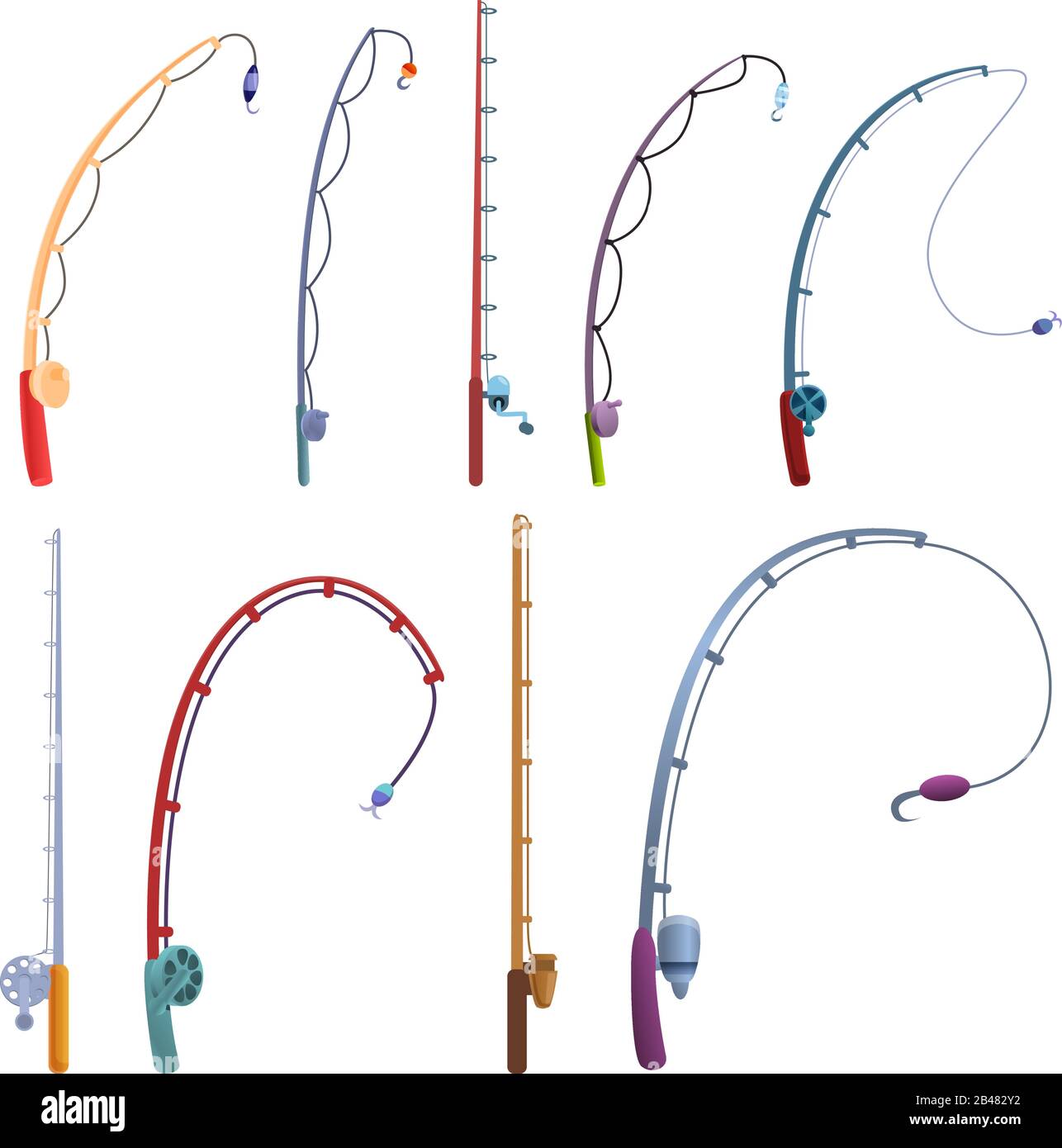 Fishing rod icons set. Cartoon set of fishing rod vector icons for