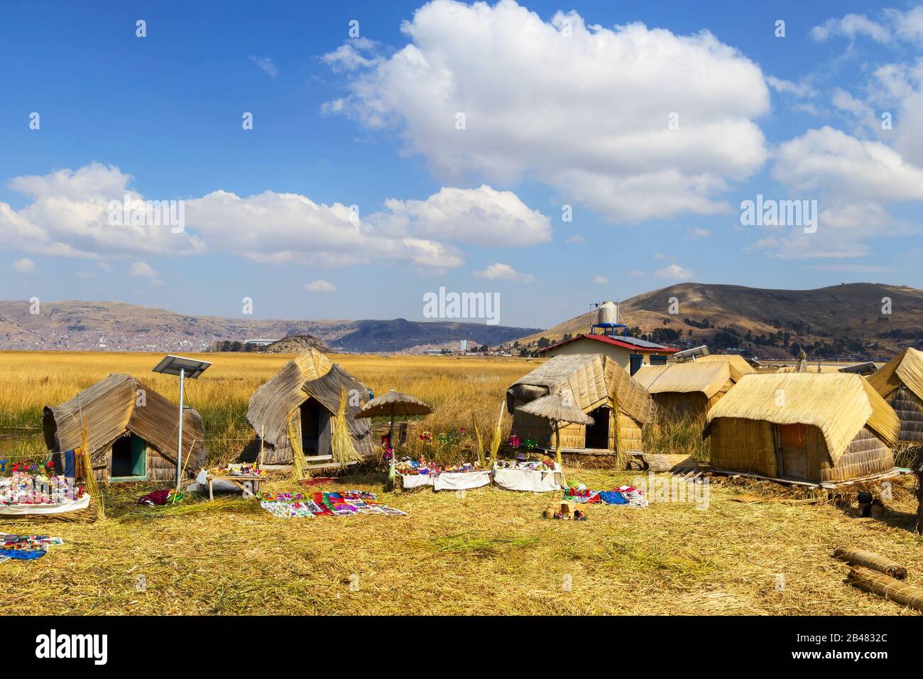 View of typical villages of islands Uros, Puno, Peru Stock Photo