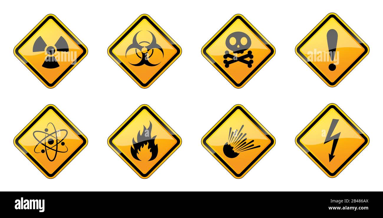 Set of danger symbols. Vector set of safety signs. Set of yellow warning hazard signs. Vector illustration. Stock Vector