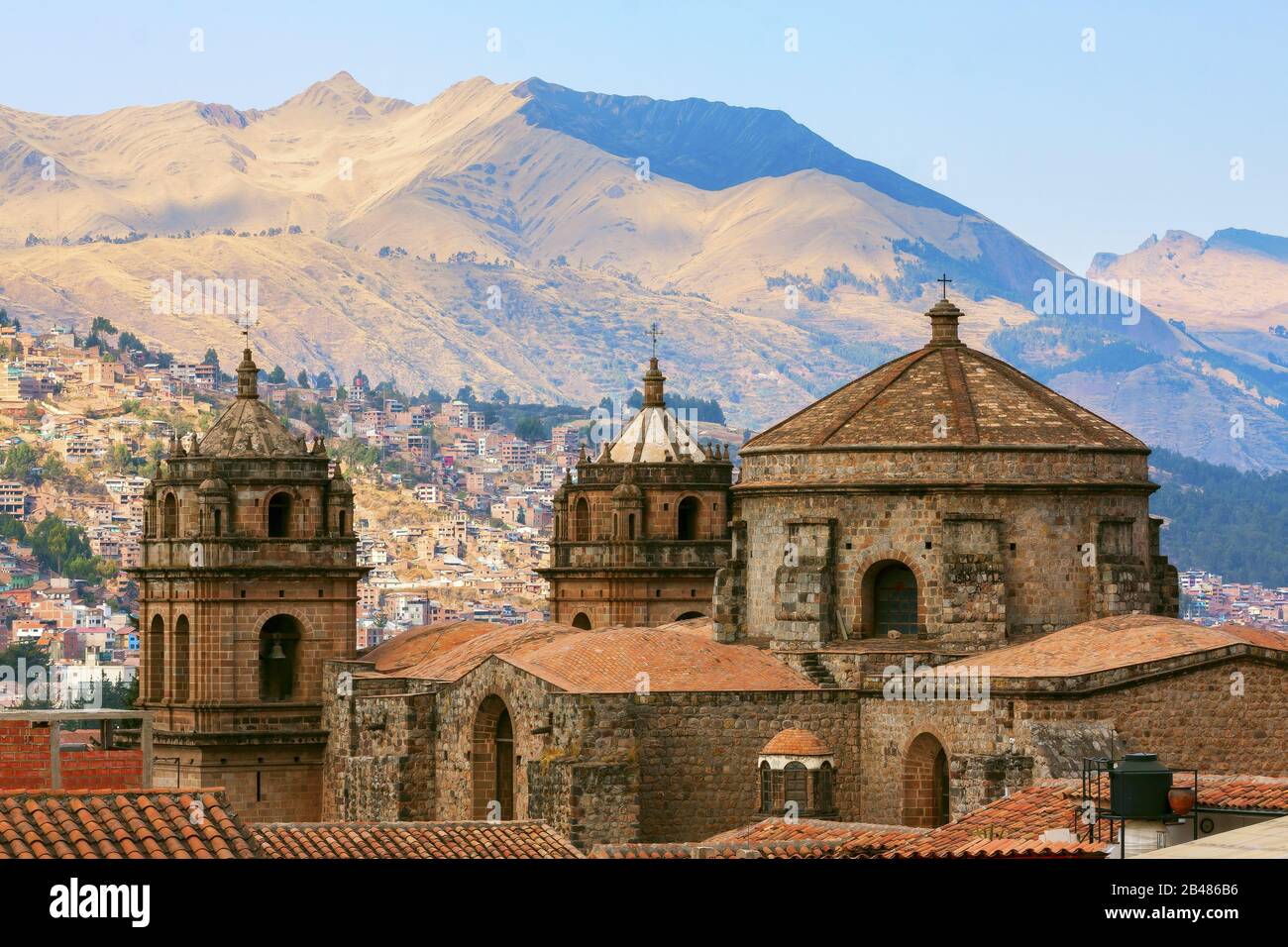 Bell tower of the  Church of the Society of Jesus  in front of the main square of Cusco - Peru Stock Photo