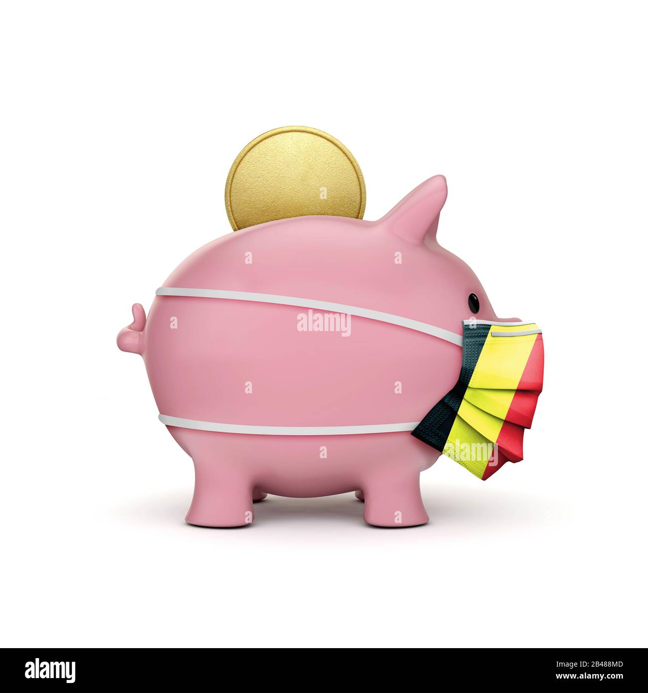 Belgium healthcare savings. Piggy bank with face mask. 3D Render Stock Photo