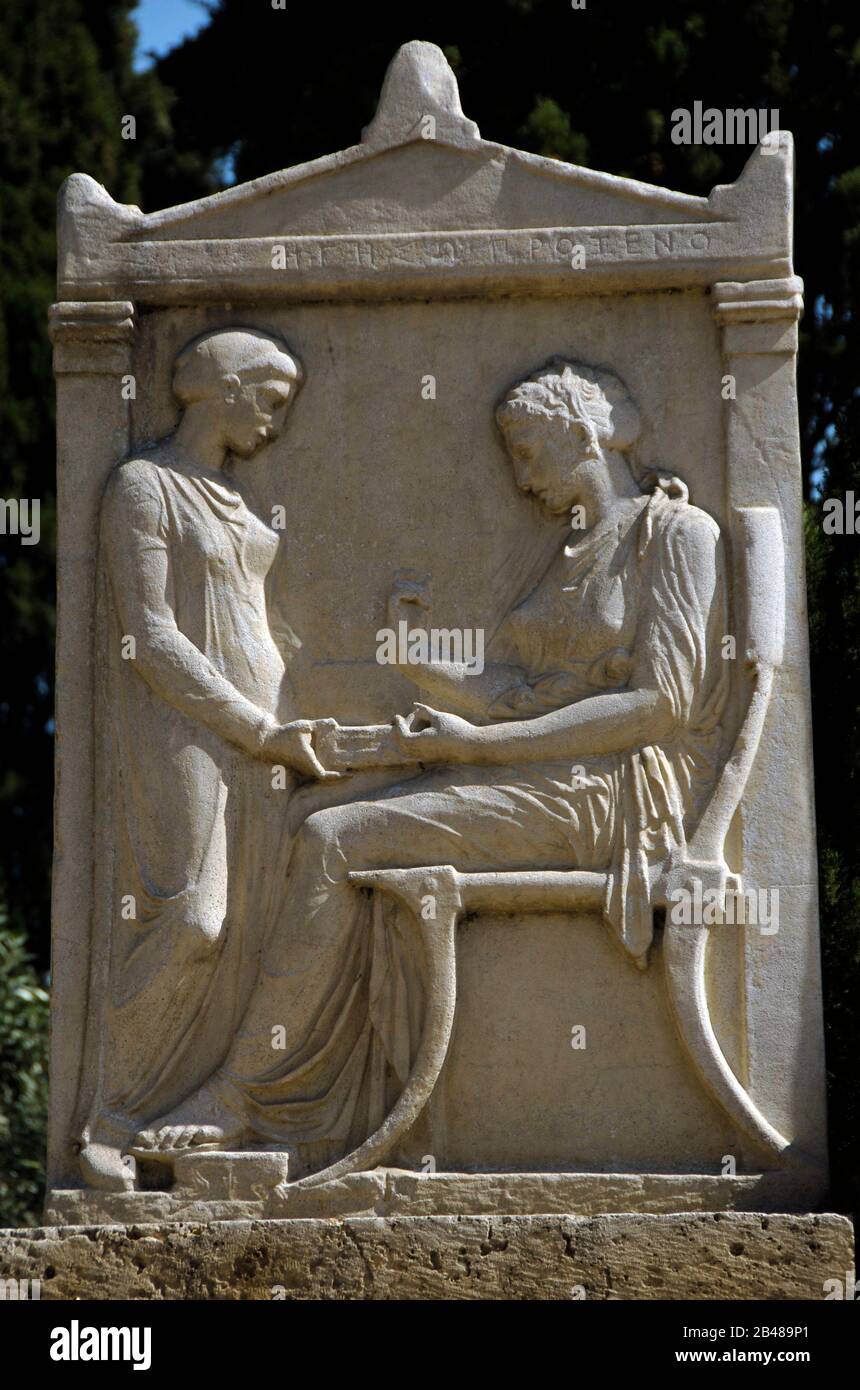 Greece, Athens. Area of Kerameikos (Ceramicus). Replica of the funerary Stele of Hegeso, c. 410-400 BC. The original piece is located at the National Archaeological Museum of Athens. Stock Photo