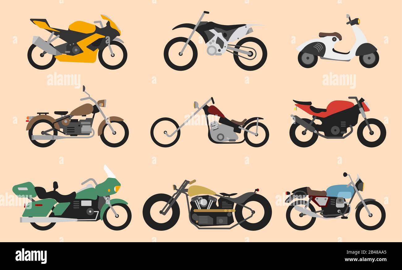 Set of motorcycle or motorbike, bike or extreme cycle. Retro street scooter and modern cruiser or moped. Collection transports for road racing. Stock Vector