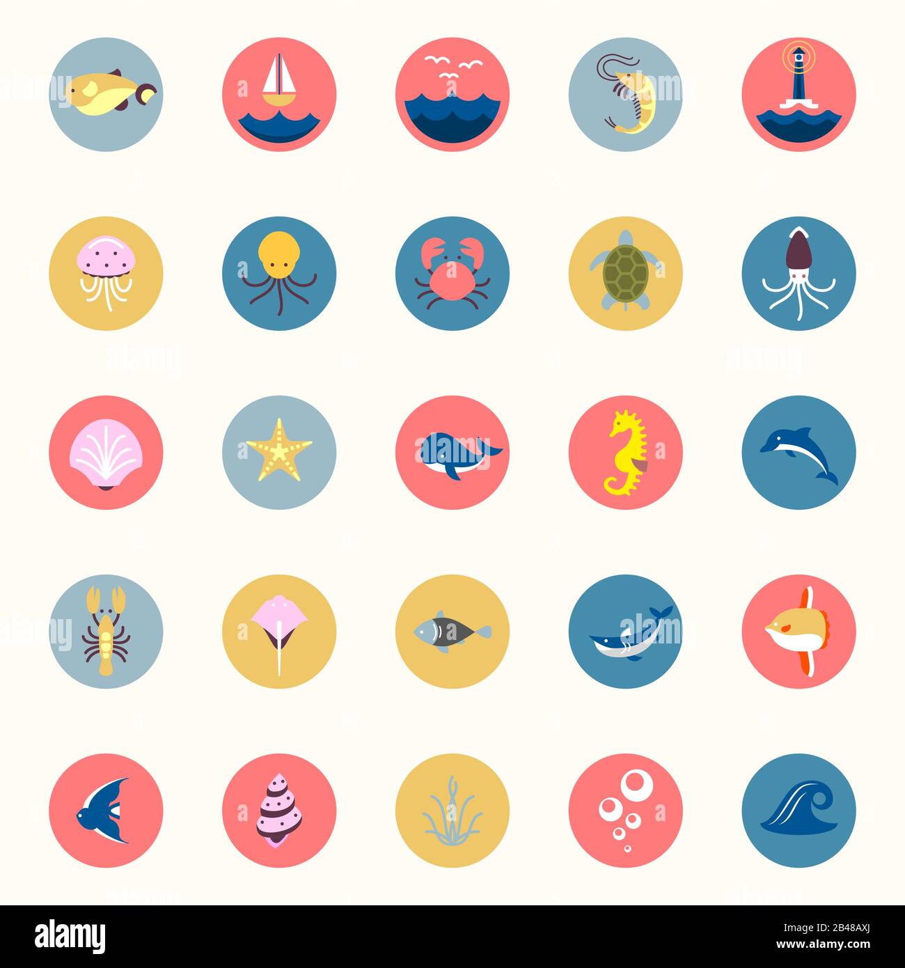 Marine icons set. Sea and ocean emblems. Flat cartoon web buttons for ...